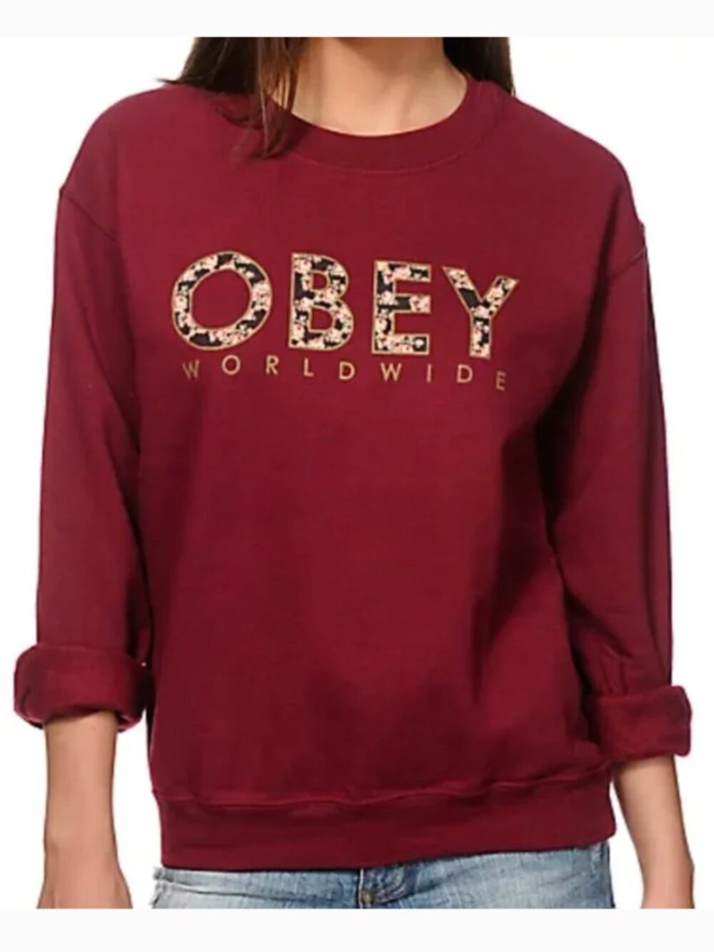 OBEY Mens Floral Worldwide Maroon Throwback Crewneck Sweatshirt Burgundy Red S